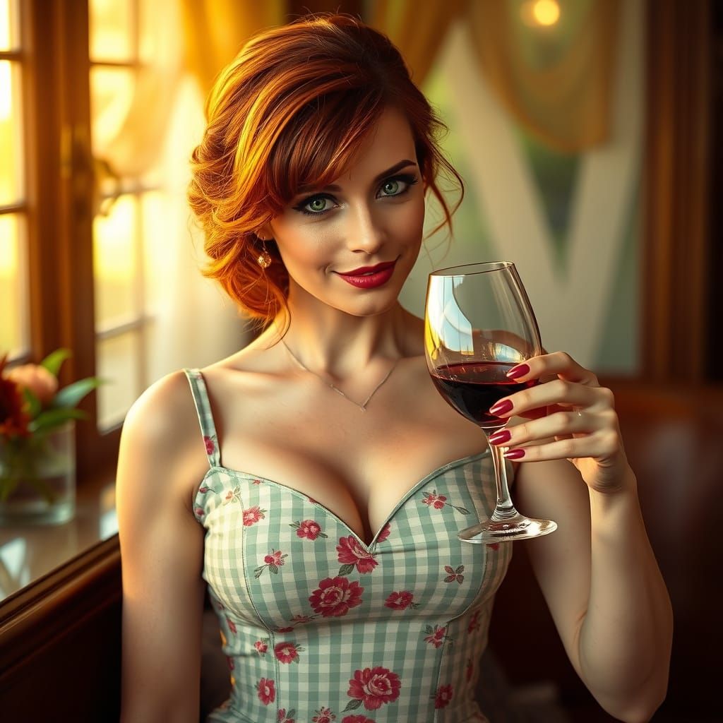 Ethereal Redhead Sips Wine in Golden Hour