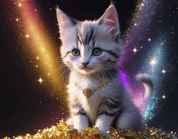 Fluffy Kitten in Surreal Glitter Pile as Hyper-Realistic Oil...