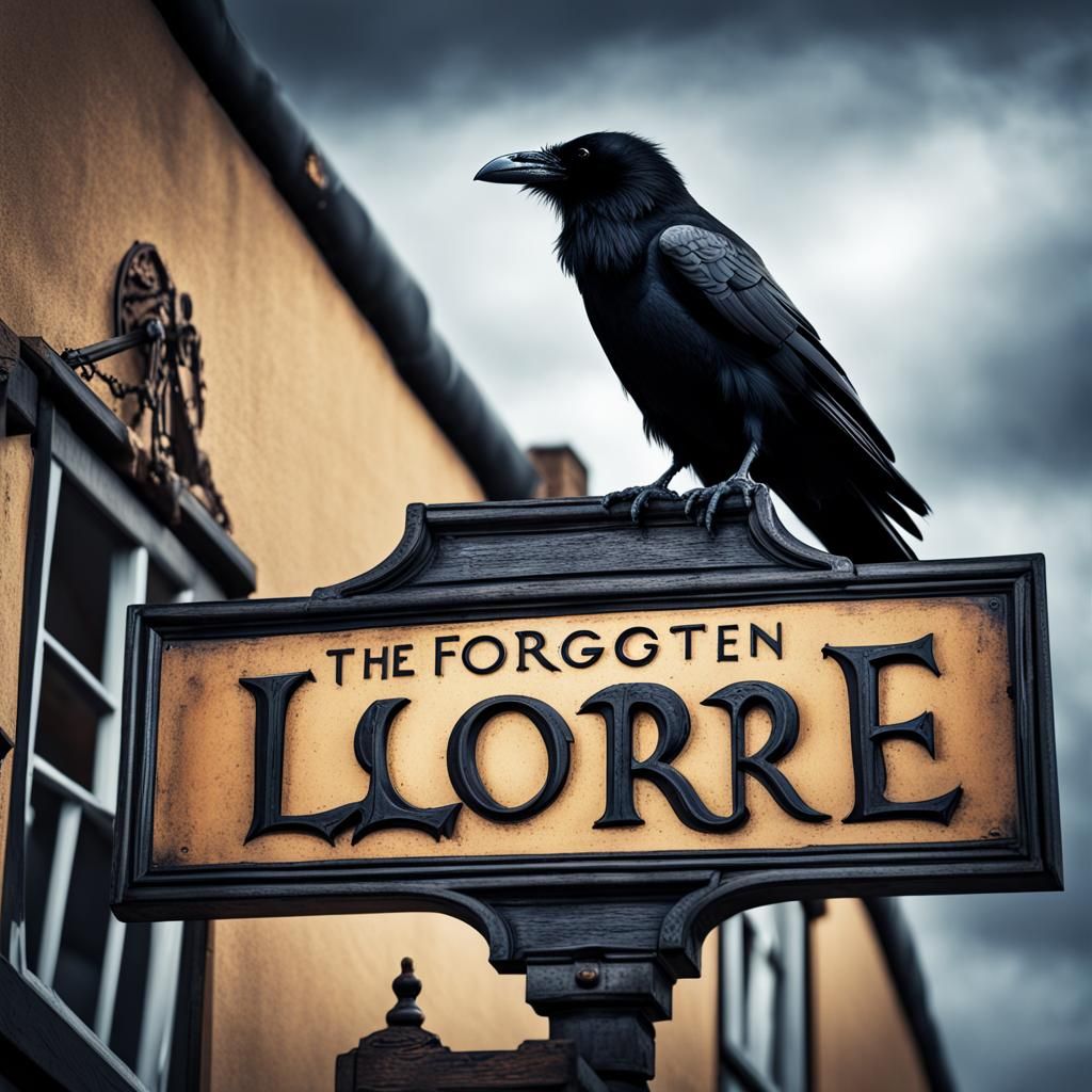 Hyperrealistic Raven Perched on Pub Sign