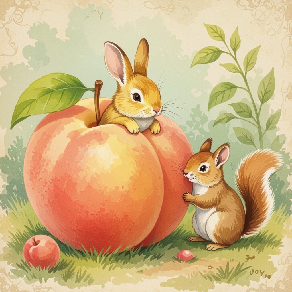 Rabbit and Squirrel Behind a Giant Peach, Watercolor Style