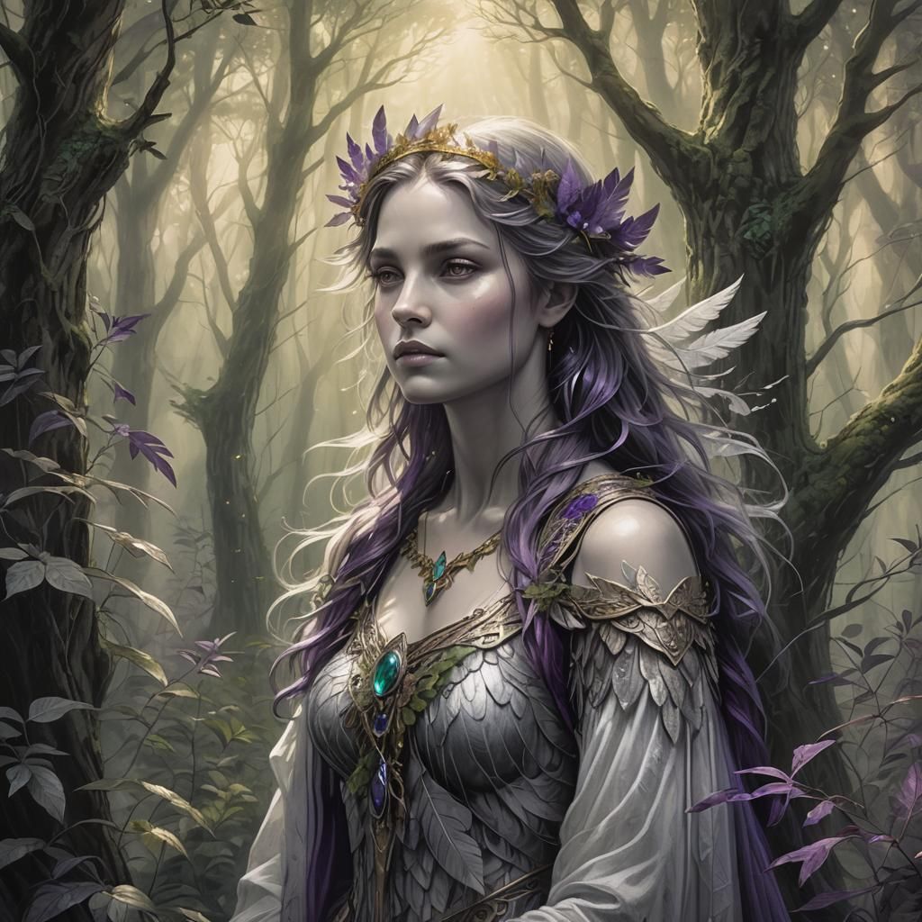 Angelic Woman in Mystical Woods: Pencil Sketch