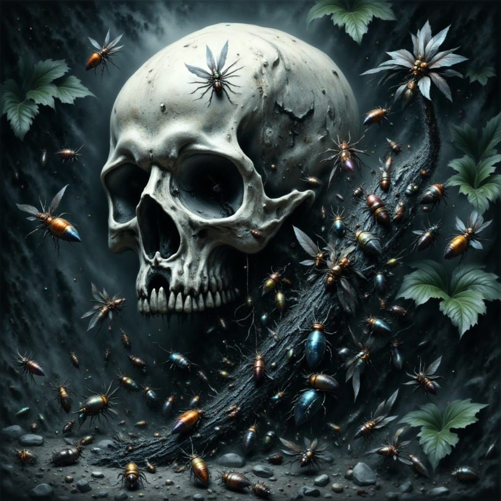 Dark Gothic Horror Scene with Crawling Beetles