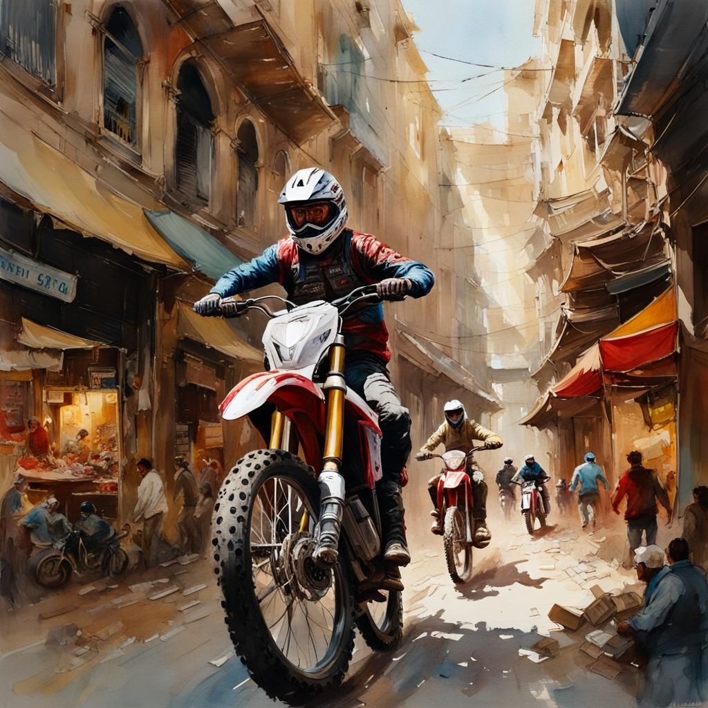 Dirt Bike Roost in Turkish Bazaar: Watercolor Art