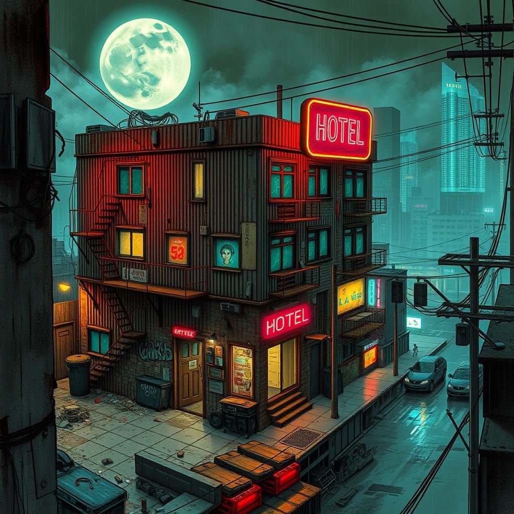 Ethereal Horror in 1970s Cyberpunk Hotel, Moonlit Mist