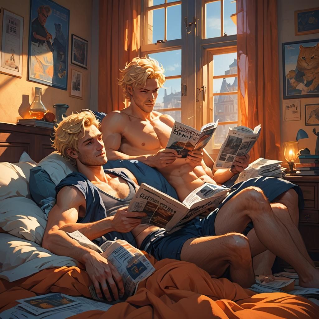 Vibrant Fantasy Art: Men Reading in Bed