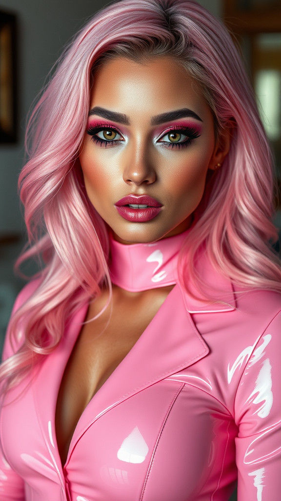 latina egirl in pink latex suit with long pastell pink hair and thick black eyeliner. realistic skin high resolution cin...