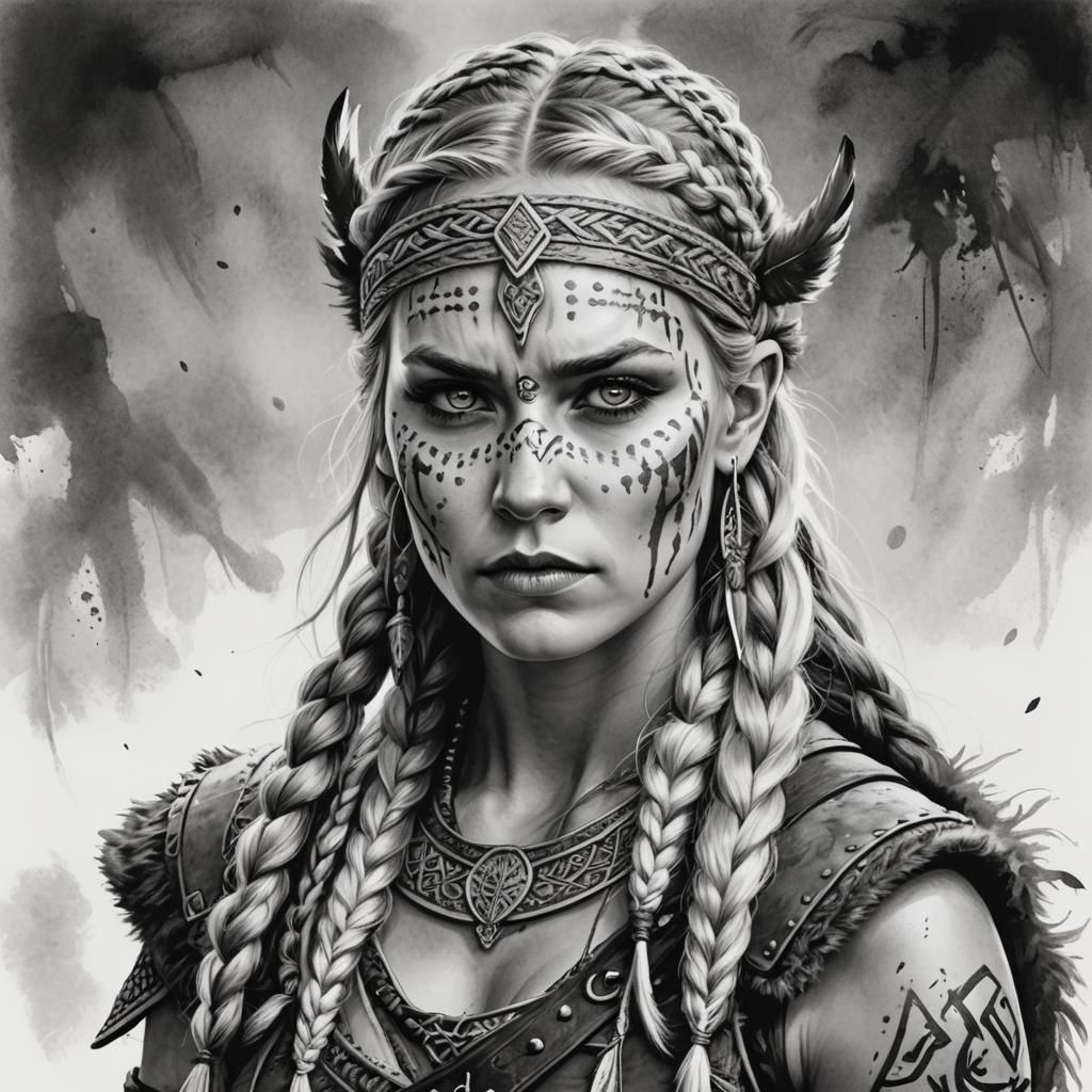 Viking Warrior Woman in Black and White Fantasy Art