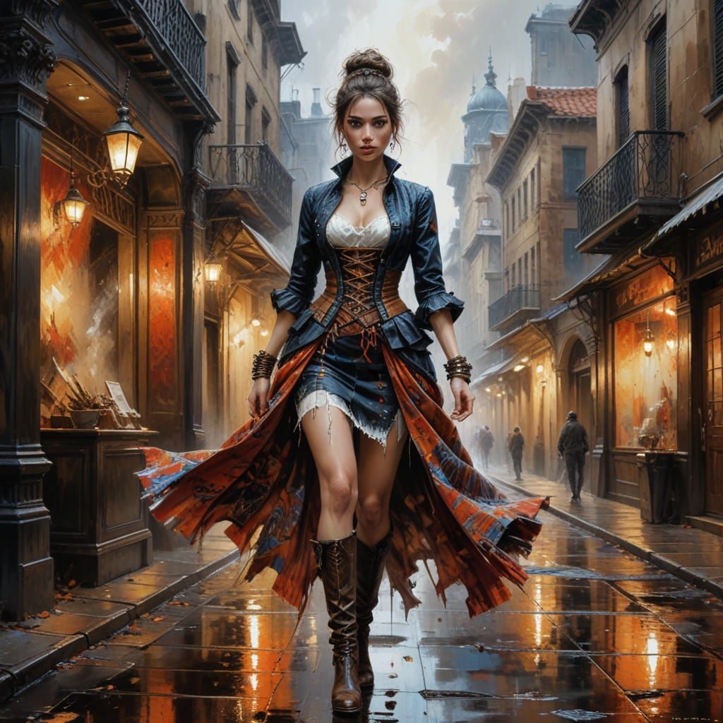 Elegant Baroque Portrait of a Confident Young Woman in Urban...