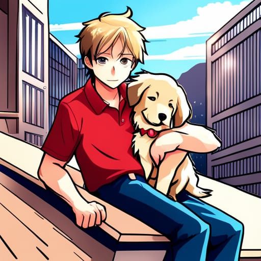 Man and Puppy in Anime Key Visual Style