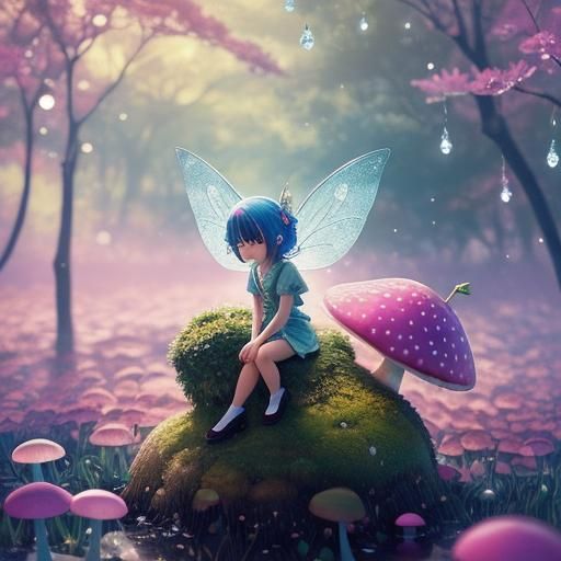 Fairy on Mushroom: Macro Anime-Inspired 3D Art