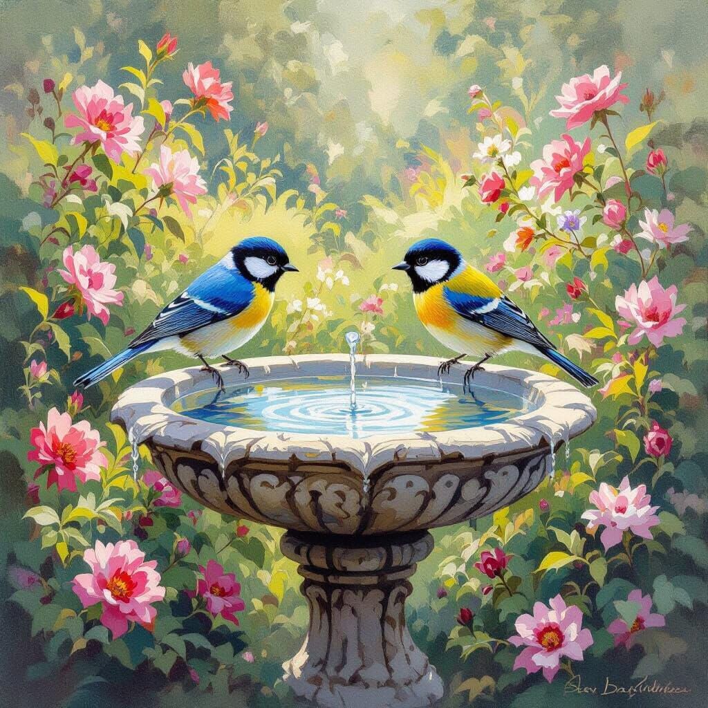 Songbirds Sipping: An Impressionist Garden Scene