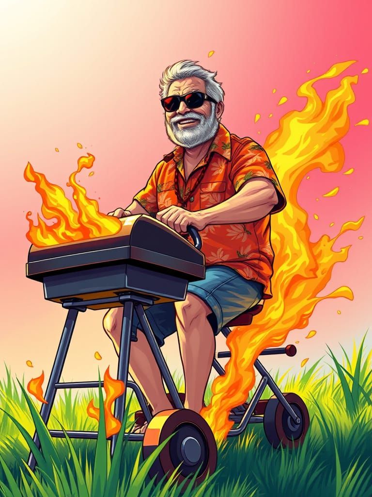 Dad Rides Flaming BBQ Mower in Comic Book Style