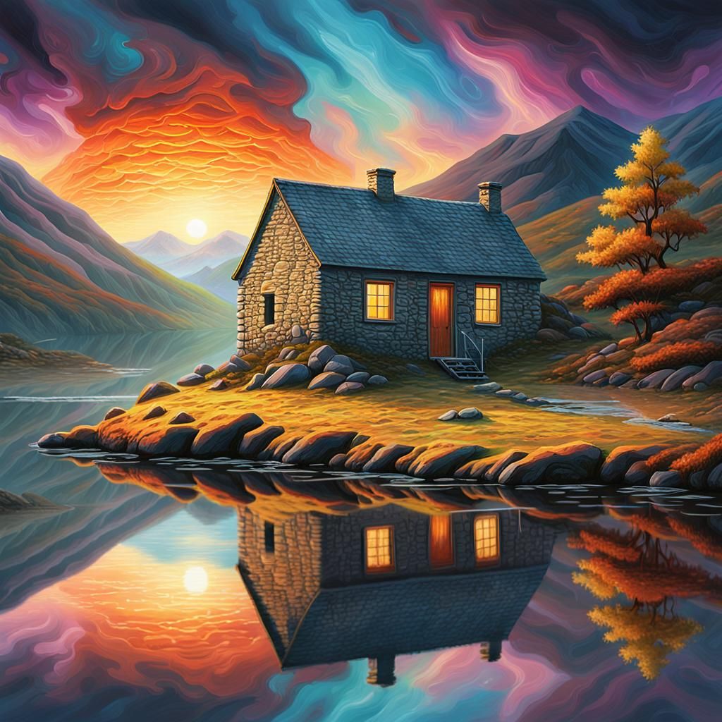 Lochside Bothy in Golden Light: A Visionary Oil Painting