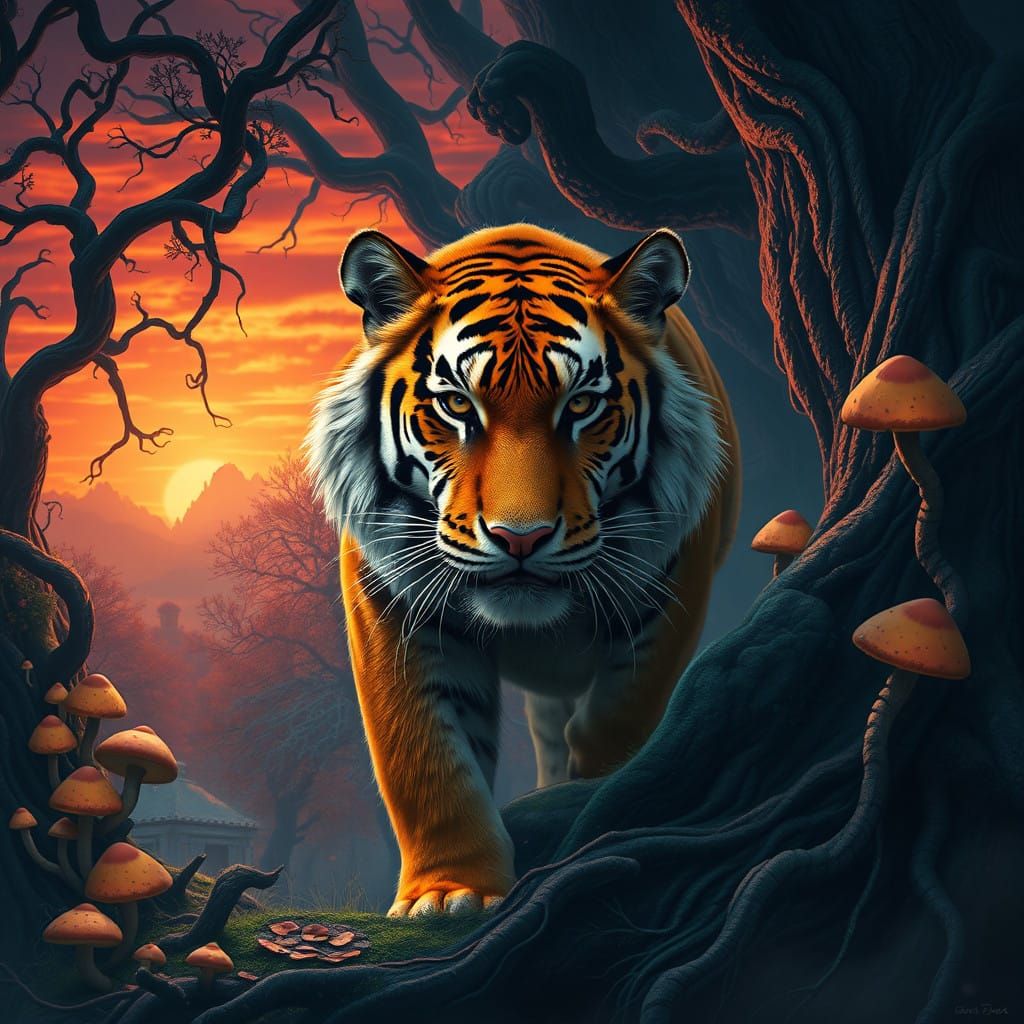 Majestic Fantasy Tiger Amidst Ancient Forest