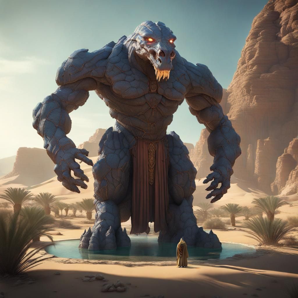 Giant Glass Hydra Golem in Desert Oasis