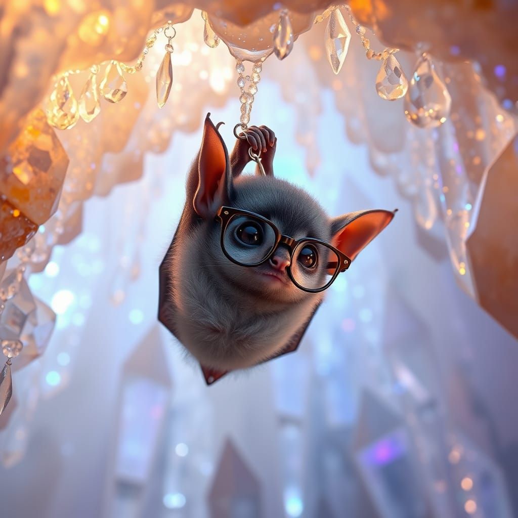 Enchanted Crystal Cave: Fuzzy Baby Bat in Whimsical Wonder
