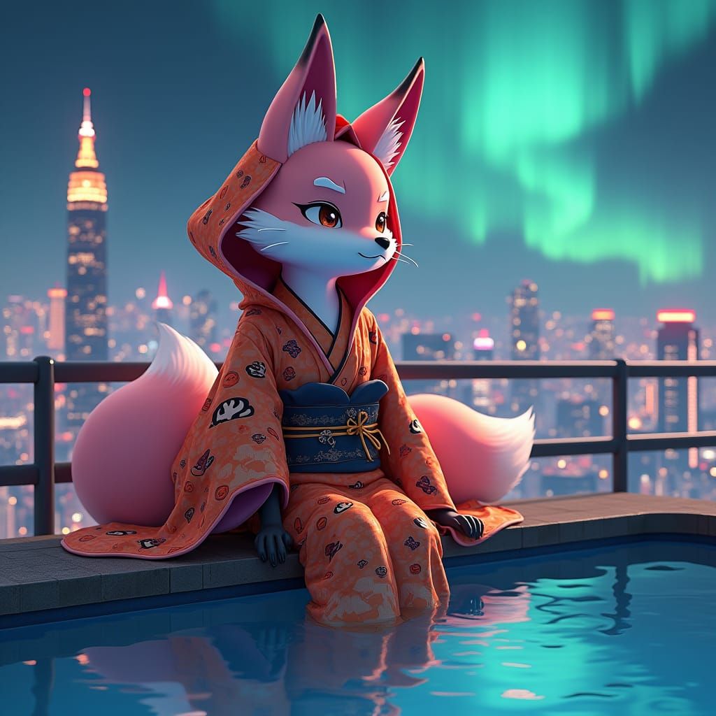 Sakura Fox in Cityscape Pool with Aurora Borealis