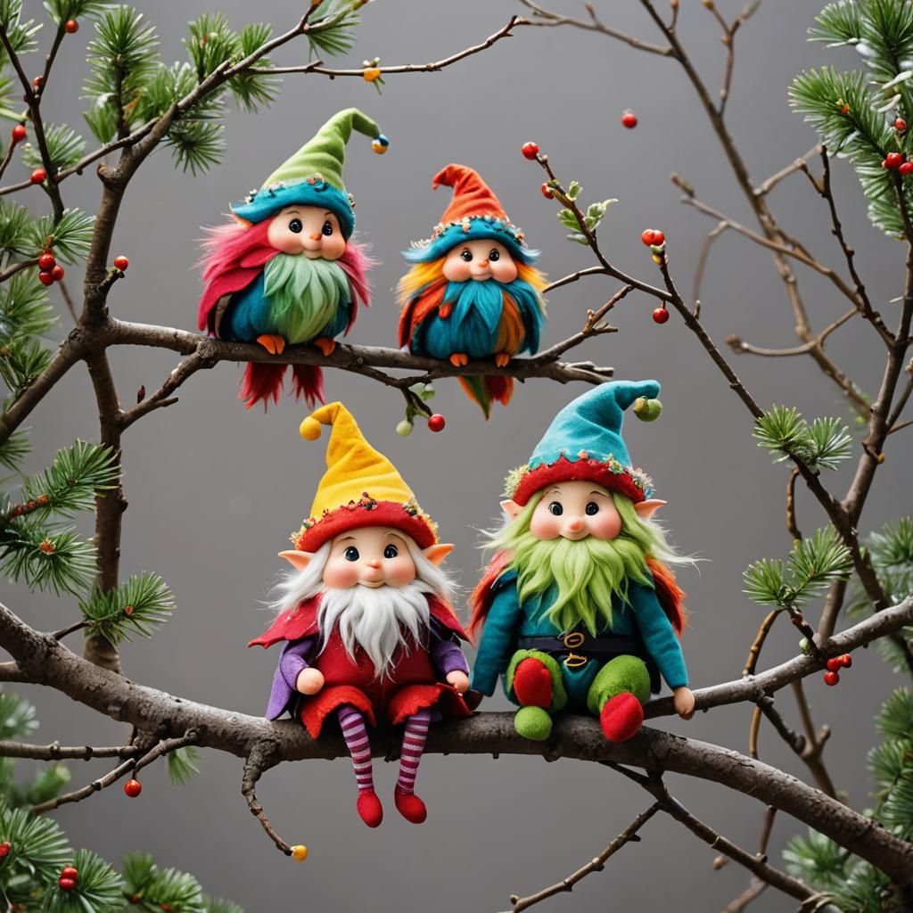 Colorful Fluffy Elves on a Branch