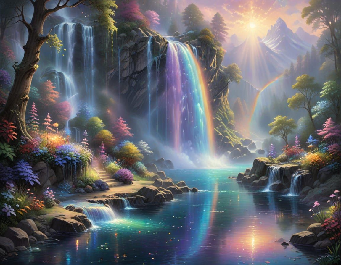 Iridescent Crystalline Waterfall with Liquid Light Pool