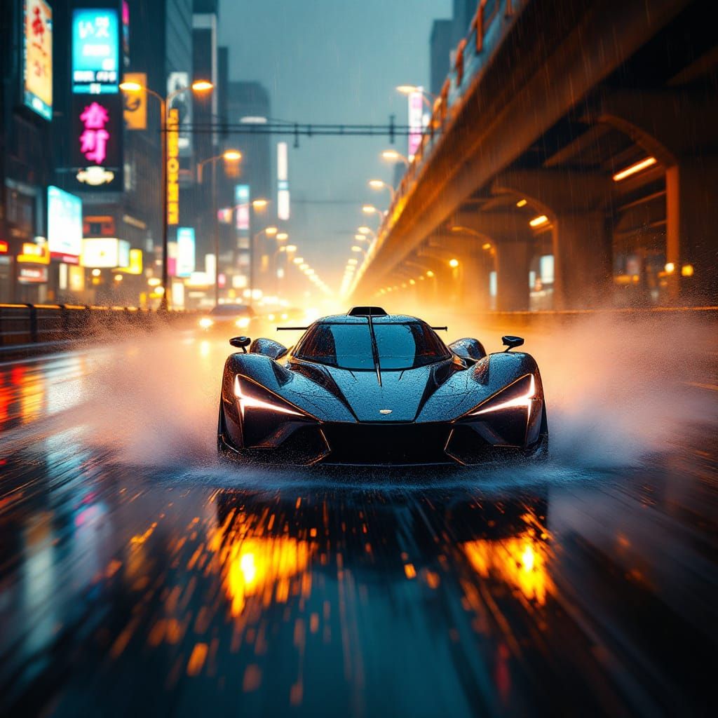 Supercar Speeding on Wet City Expressway at Night