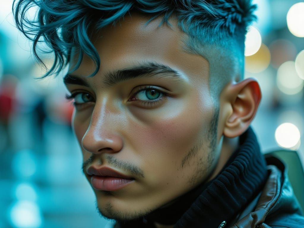 Punk Scientist with Blue-Grey Hair and Neon Eyes