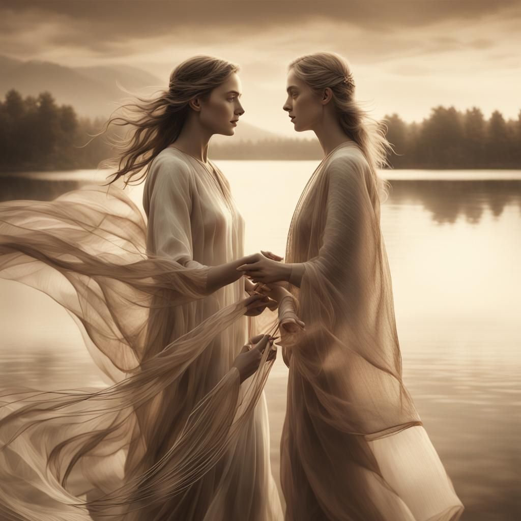 Serene Lakeside Scene with Women in Flowing Tunics