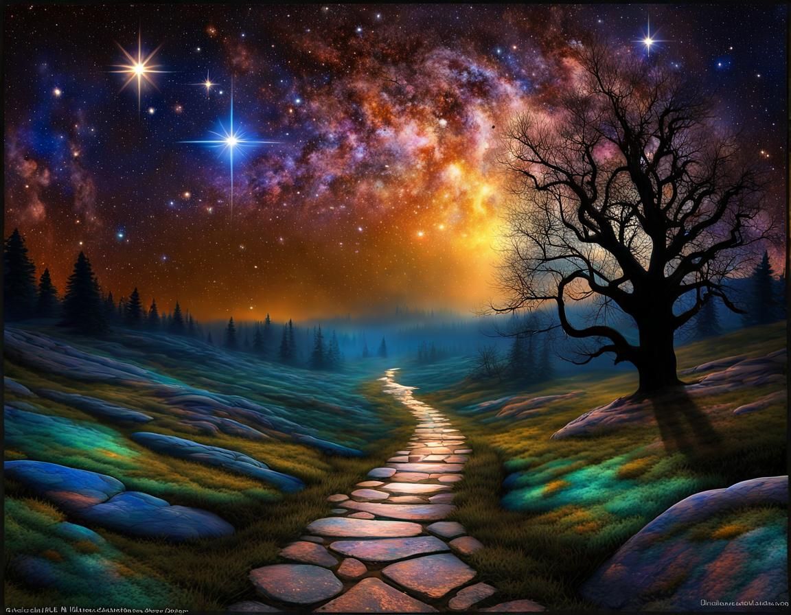 Cosmic Path Through Starry Mist: Fantasy Illustration