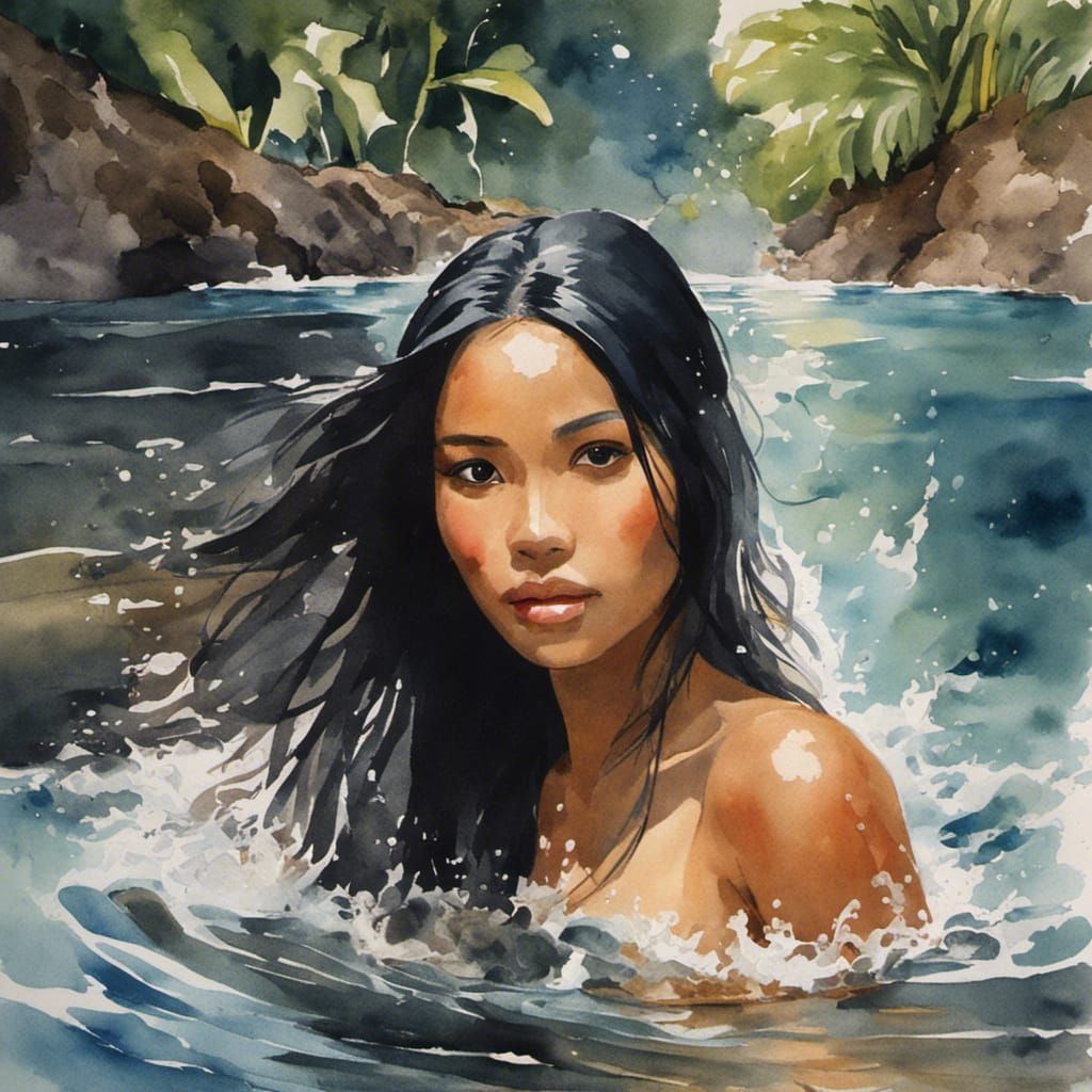 Watercolor Portrait of Indonesian Woman in Rainforest