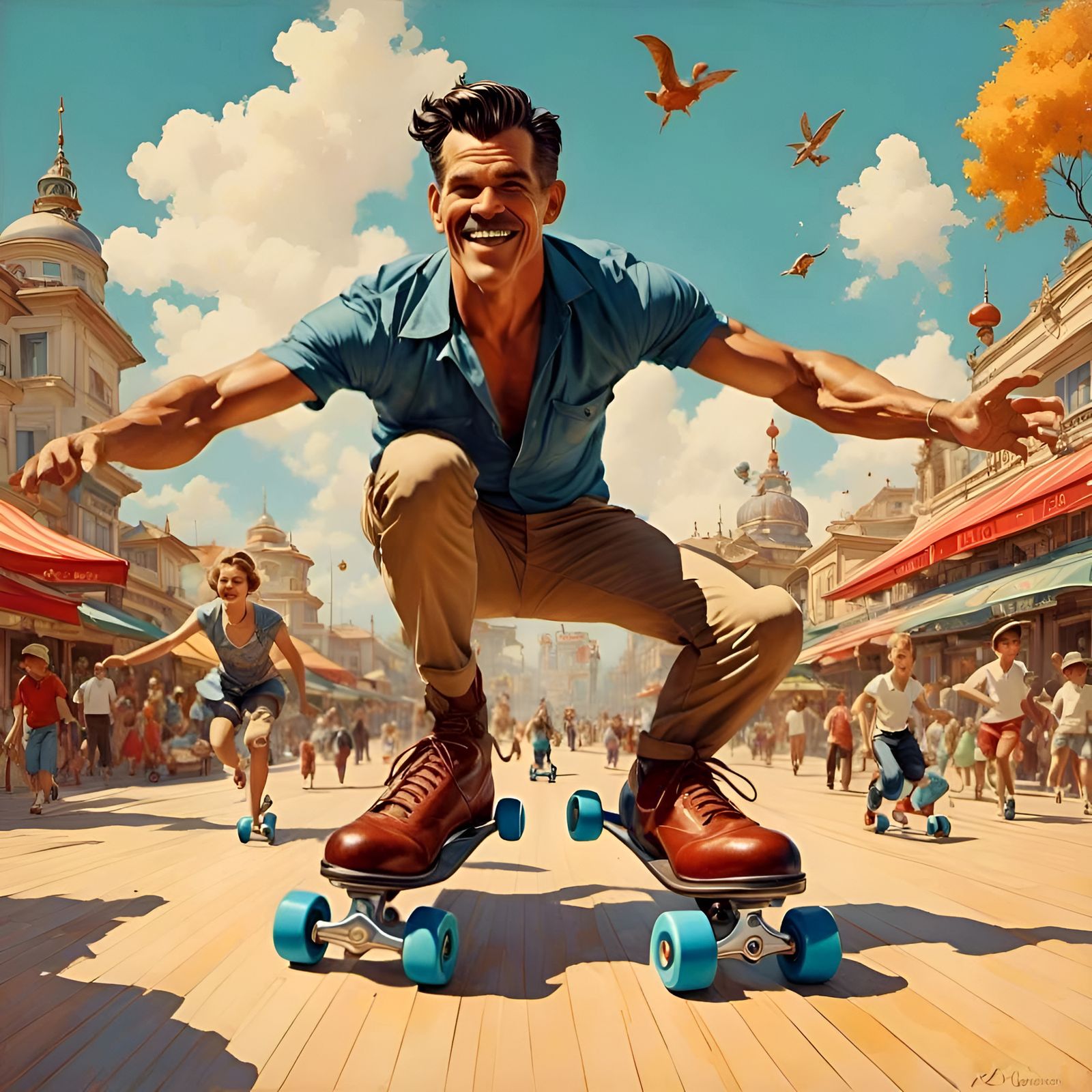 Josh Brolin Roller Skating in Romantic Watercolor Style
