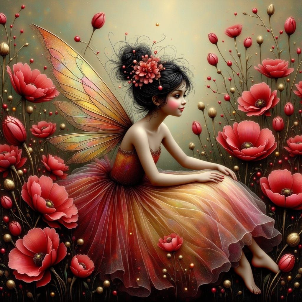 Ethereal Flower Fairy in Poppy Field: Magical Realism