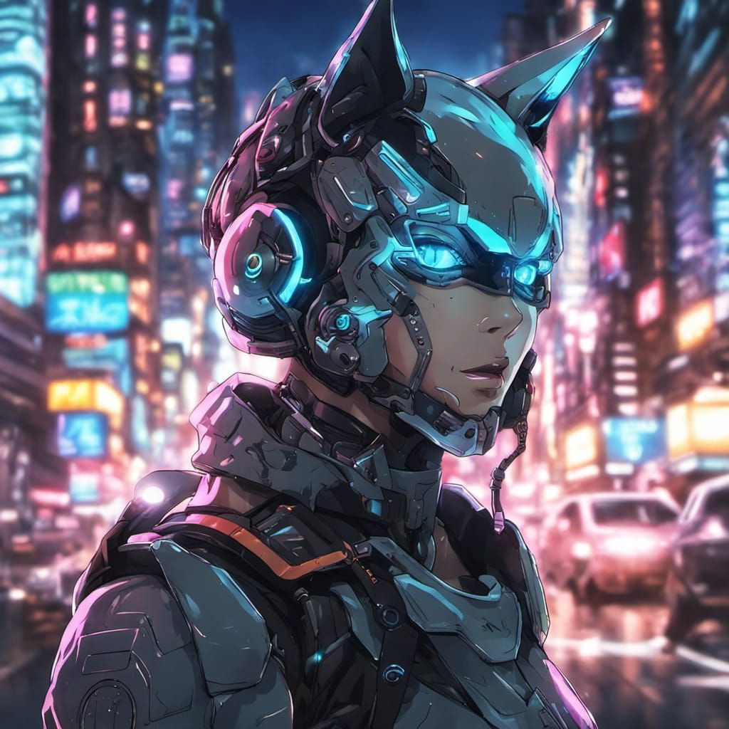 Cyborg Cat Portrait in Neon City, Anime Style