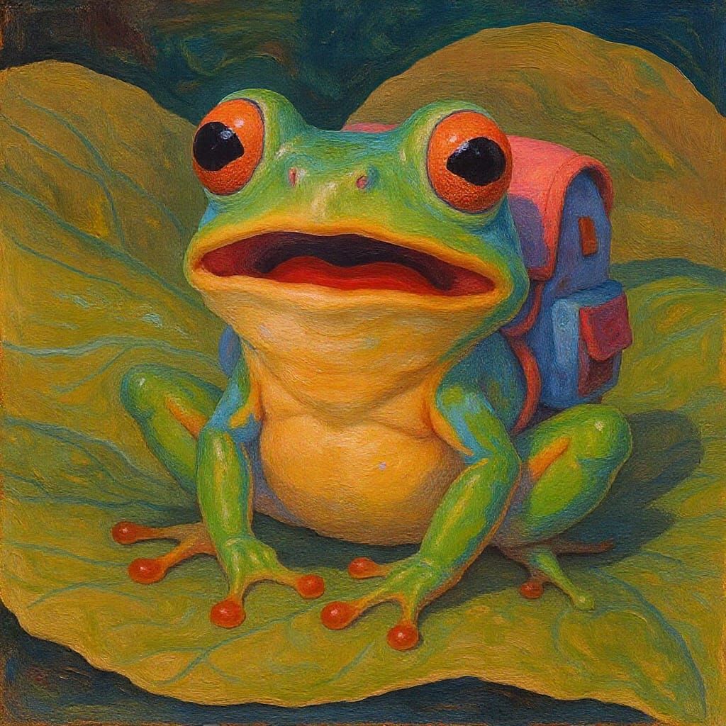 Startled Frog with Backpack, Folk-Art Inspired