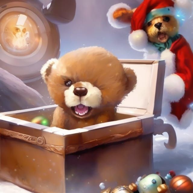 Chibi Teddy Bear in Gift Box, Digital Illustration