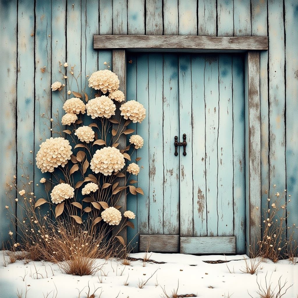Wintering dried Hydrangea growing up against weathered barn ...