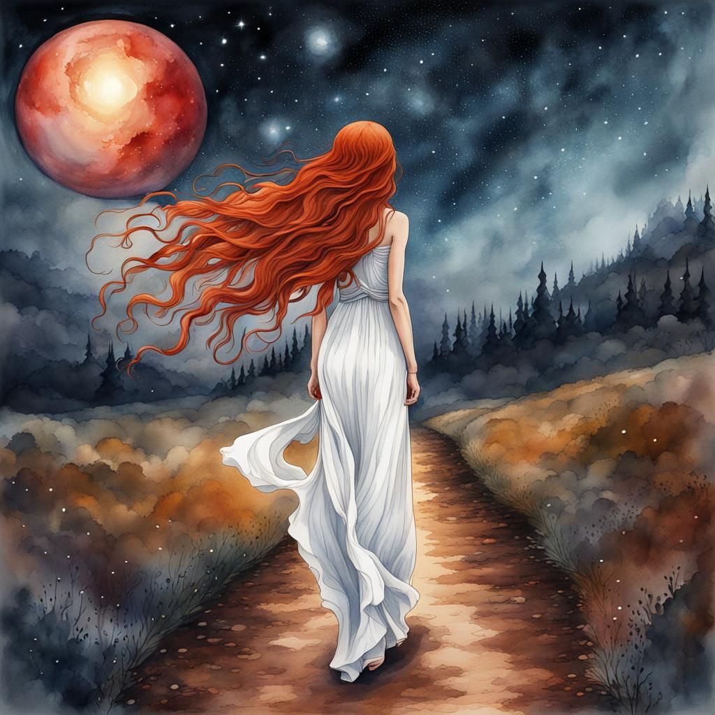 Magical Alien Landscape with Woman in Watercolor