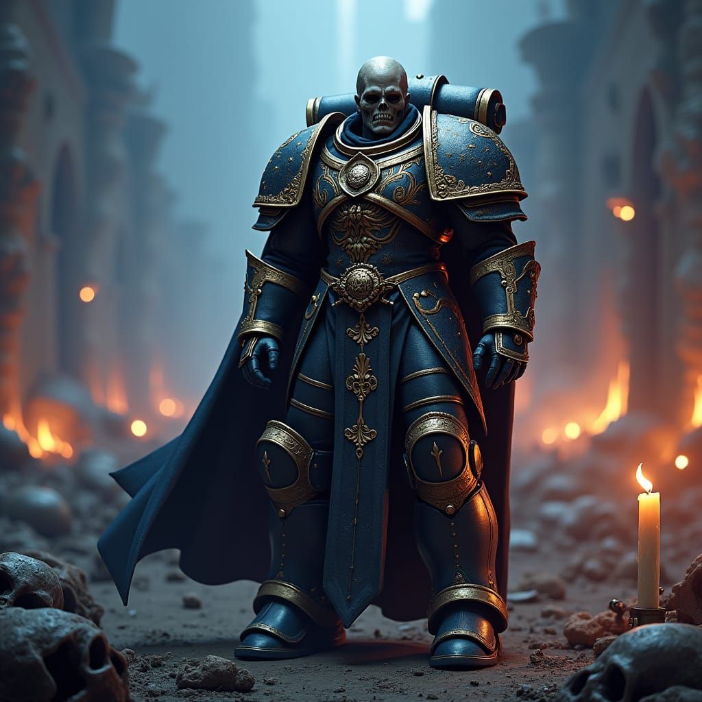 Grimdark Chaplain in Gothic Battlefield, Dark Fantasy Art