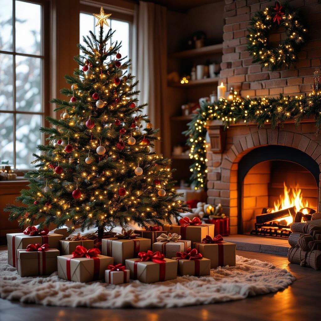 Cozy Christmas Scene with Presents and Fireplace