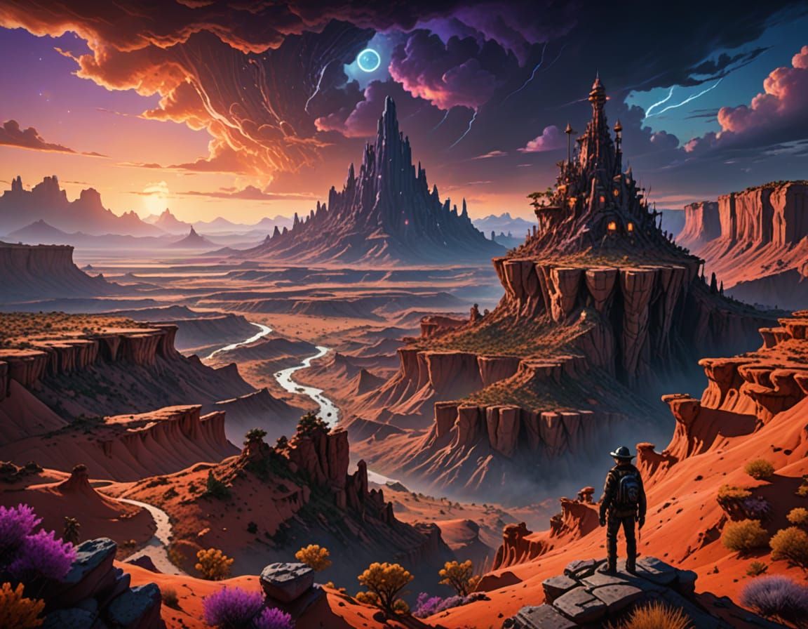 Oil-punk Explorer in Alien Landscape Digital Painting