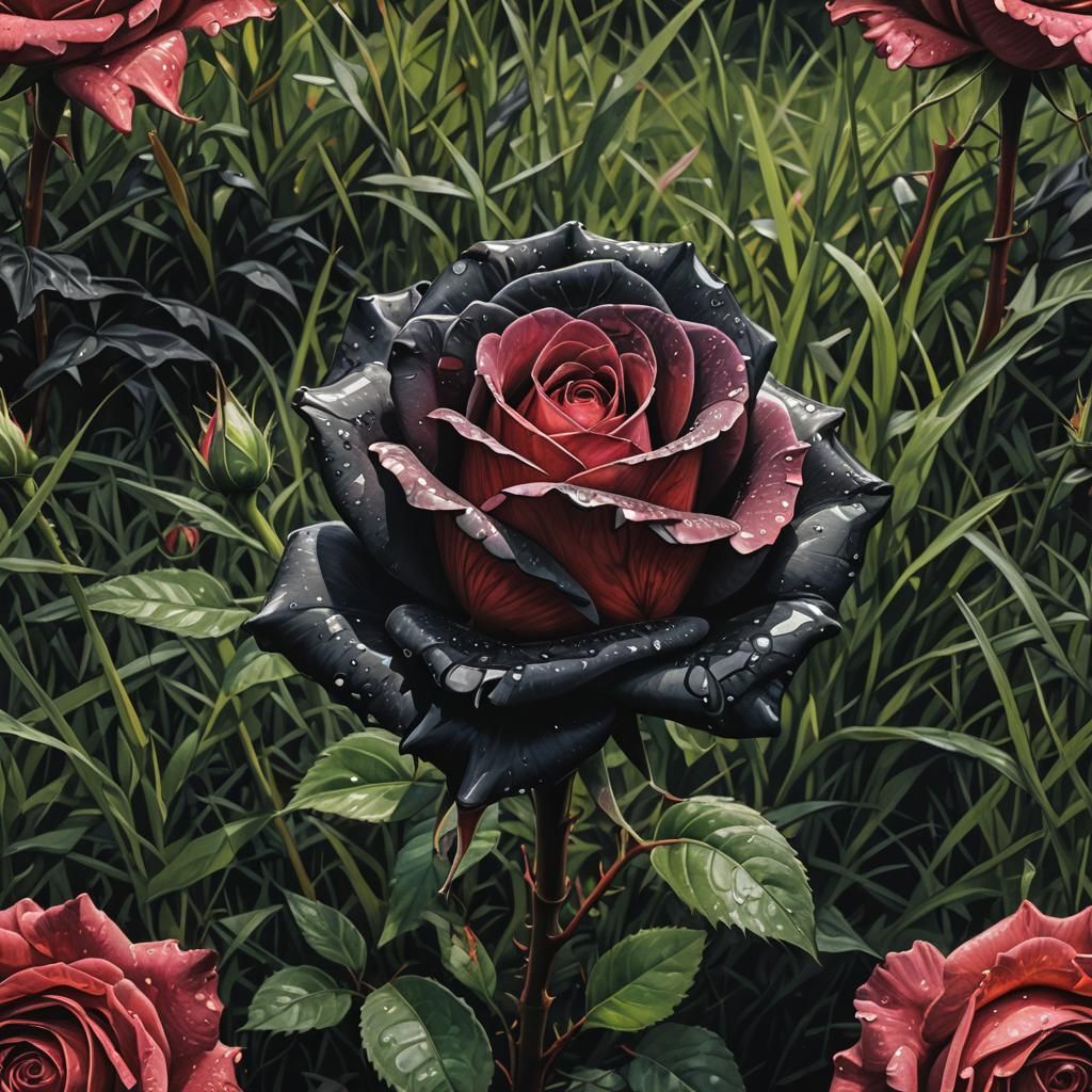Hyperrealistic Rose in Black Grass, Splash Art