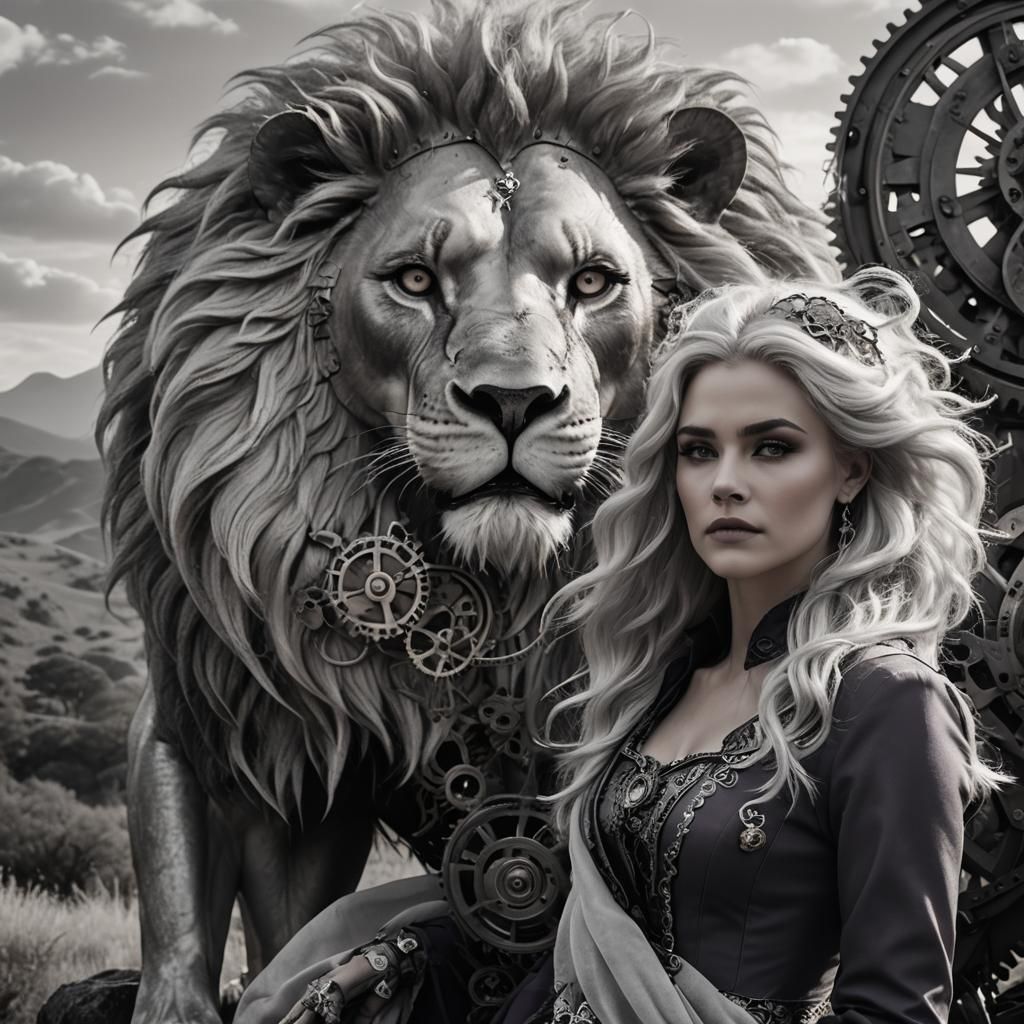 Woman with Clockwork Lion in Cinematic Twilight