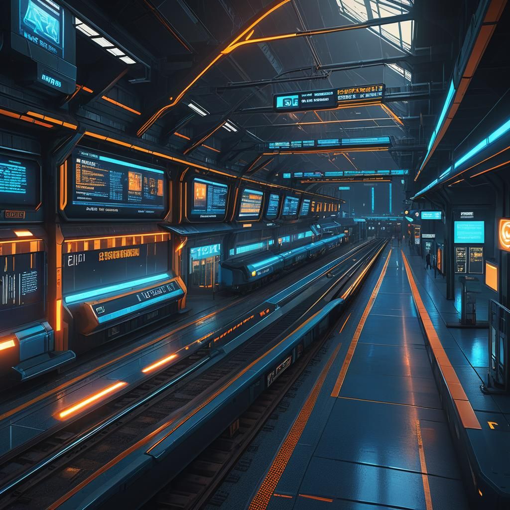 Cyberpunk Railway Station with Holographic Ads