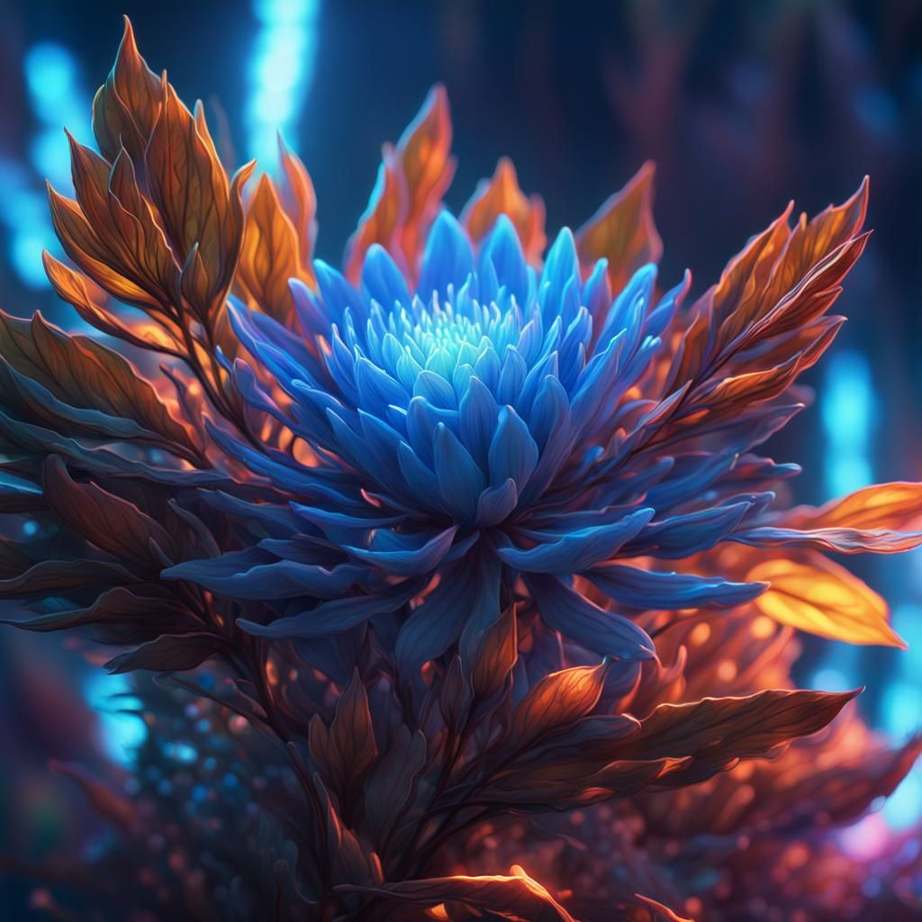Blue Blossom Close-Up, Digital Art in Neon Fantasy
