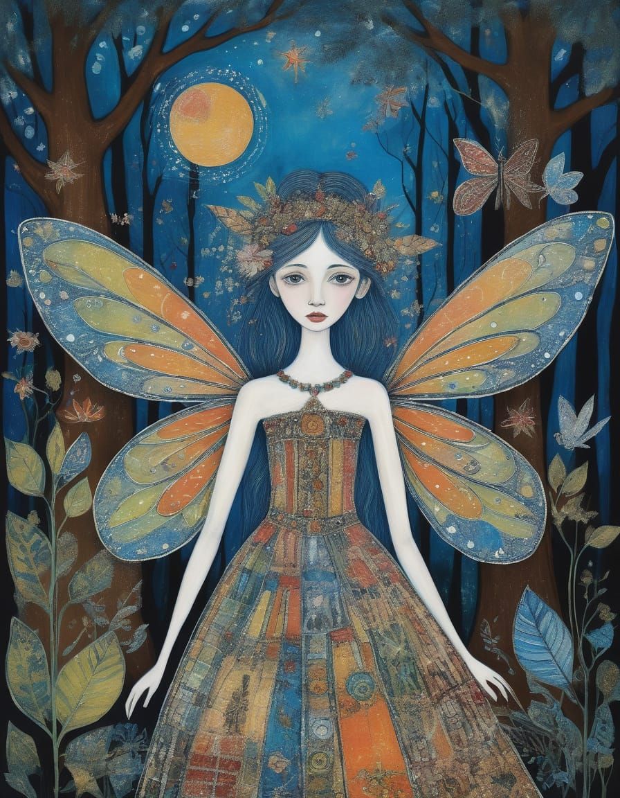 Enchanted Fairy in Magical Forest, Art Brut Style