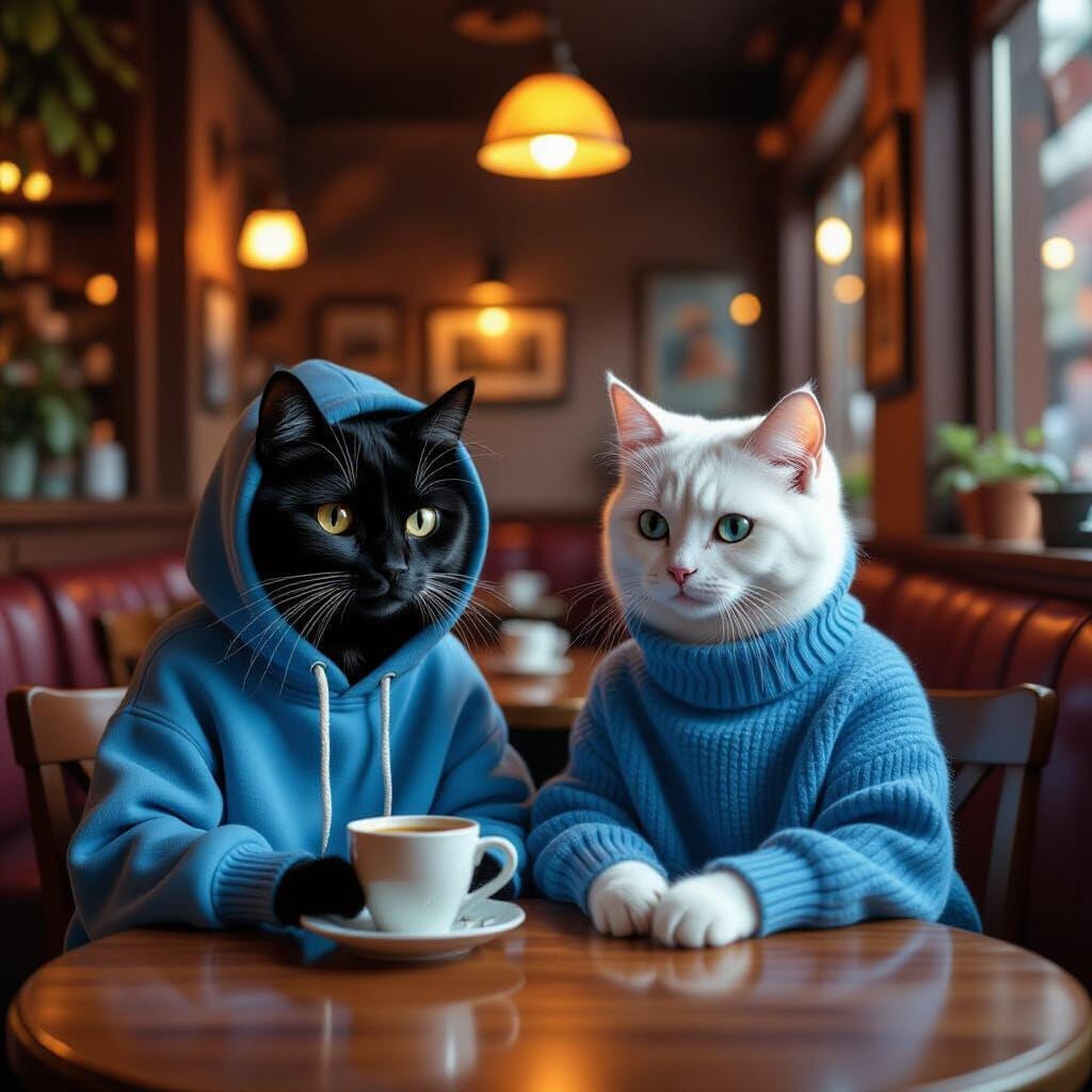 Cats in a Cozy Cafe Scene, Whimsical Illustration Style