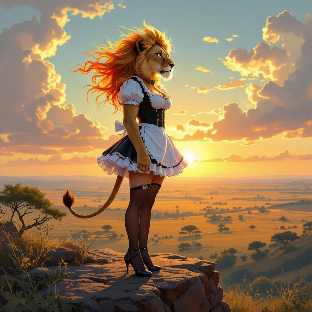 Lioness French Maid Overlooking Savannah, Hyperrealistic Sty...