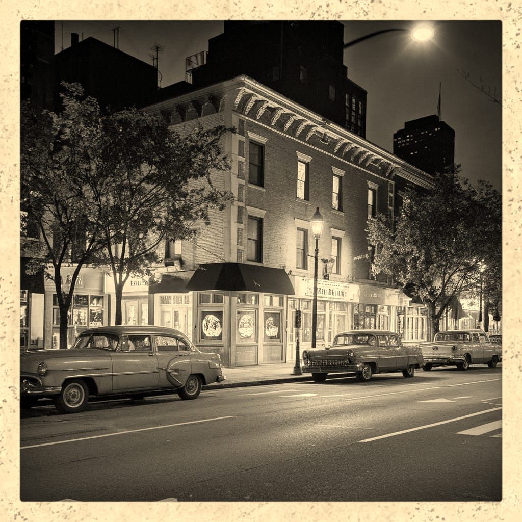 Vintage Nighttime Street Scene in 1950s NYC