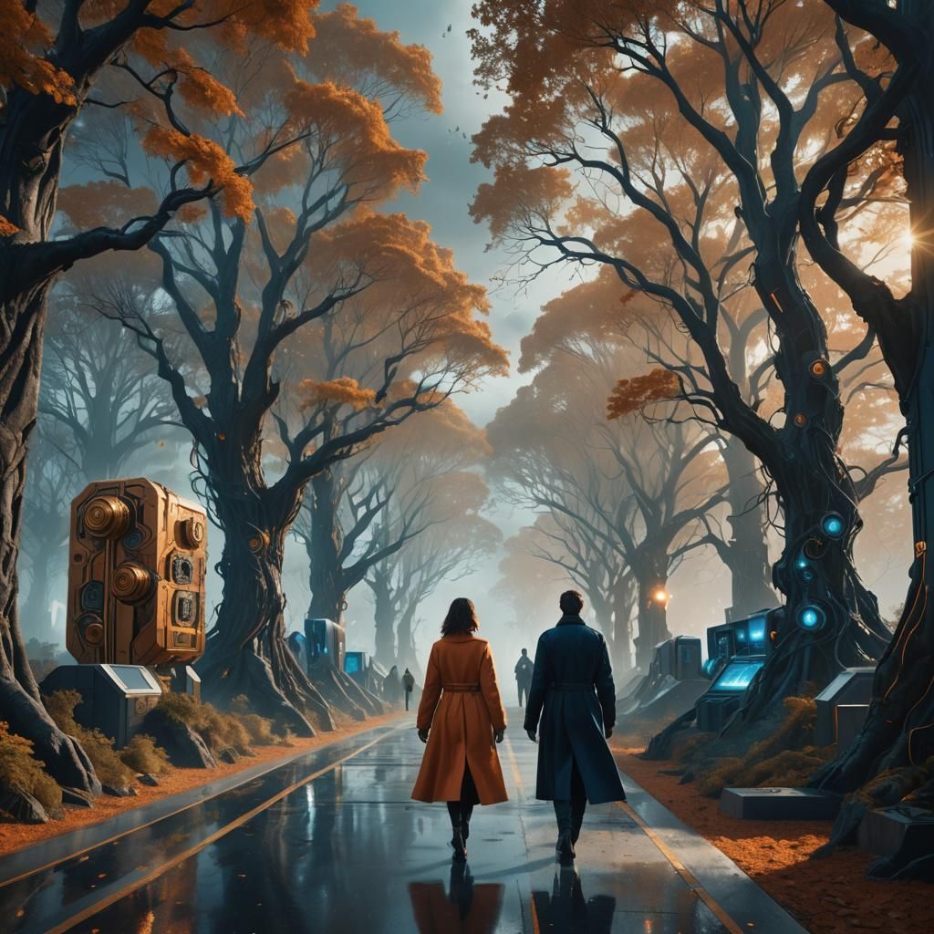 Girl Approaches Futuristic Barrier in Misty Forest