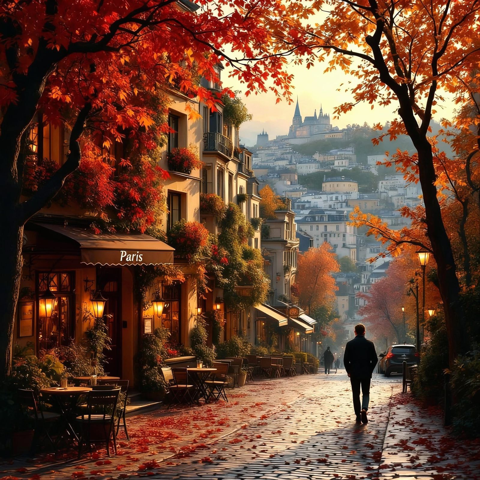 Autumn Parisian Street Scene in Golden Light