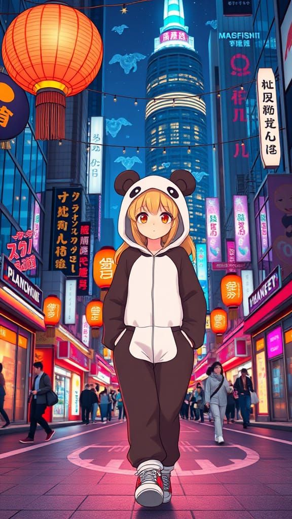 Blonde Girl in Panda Costume Strolls Tokyo-Style Night City
