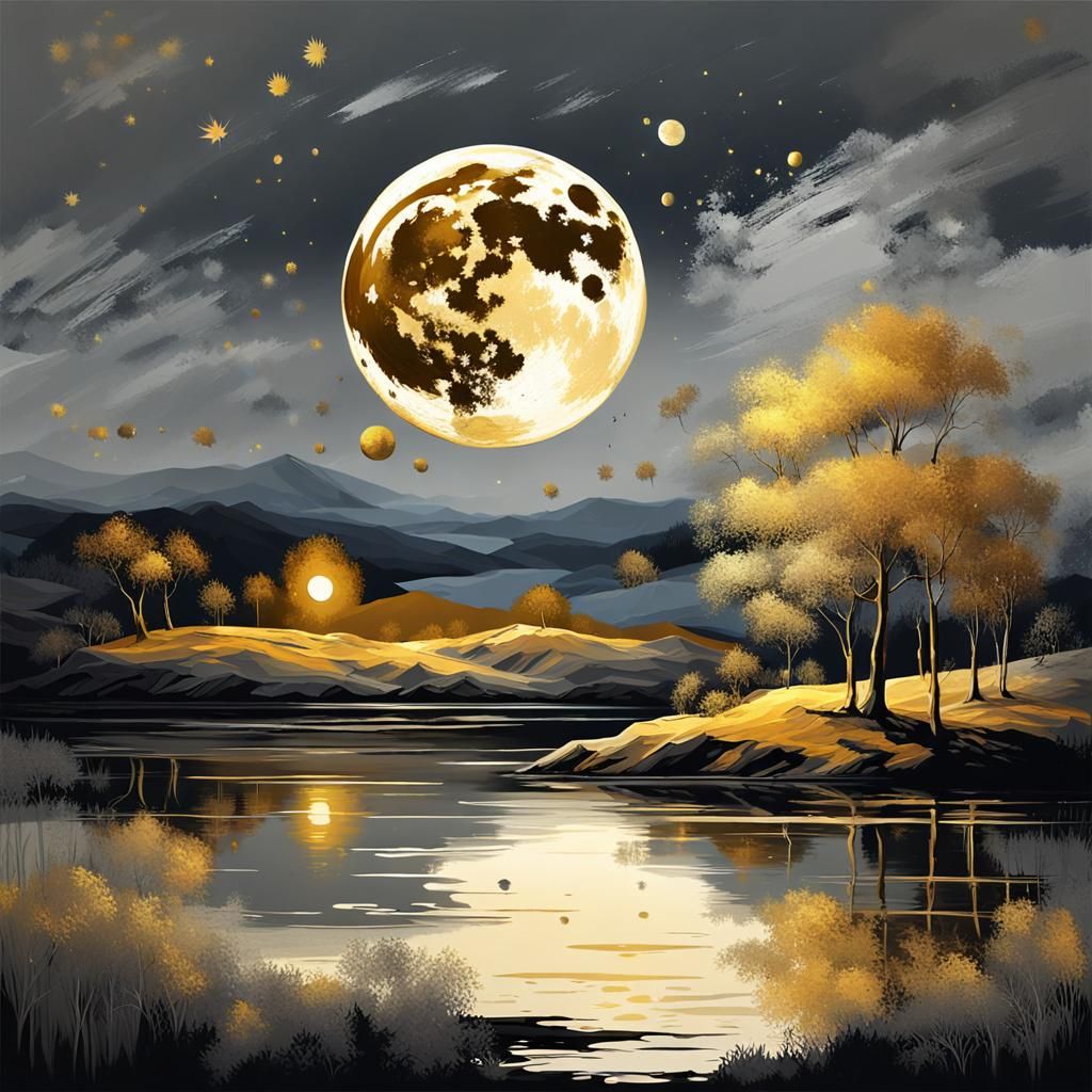 Summer Night Landscape with a Huge Moon